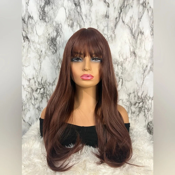 Burgundy Red Long Wig with Bangs 25 Inch - Picture 1 of 6